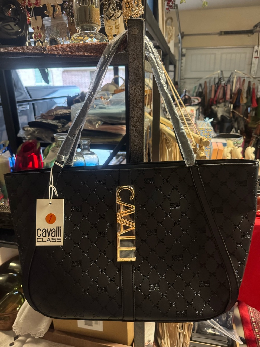 Cavalli Class Black Quilted Tote with Gold Logo Plate